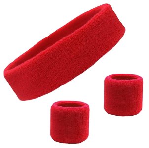 PLAY2FIT Kids Sweatbands Toddler Headband Wristband Set - Athletic Polycotton Sweat Band for Kids Youth Baby (1 Headband + 2 Wristbands) (Red)