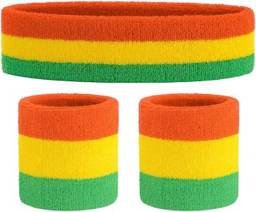 Toyshine Cotton 3 Pieces Sweatbands Set, Includes Sports Headband And Wrist Sweatbands Striped Sweat Band For Athletic Men And Women - Orange Yellow Green