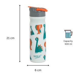 SIZZLE (DEVICE OF CURVED LINES) Champion Dinosaur Stainless Steel Water Bottle for KIDS 500 ML | Lightweight Leakproof Sipper Water Bottle | WHITE PACK OF 1 PC
