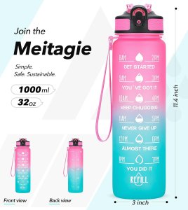 MEITAGIE 1 litre Motivational Fitness Sport Water Bottle with Straw & Time Maker, Leak-proof, BPA-free, Tritan, Toxin Free Plastic Drink Bottle Design for Girls, Boy, Cycling, School & Office