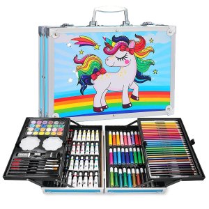 KARP 145 Pcs Children Deluxe Art Drawing Set for Kids Case Studio Art and Craft Supplies Drawing and Painting Set Great Gift (Unicorn Design-Blue)