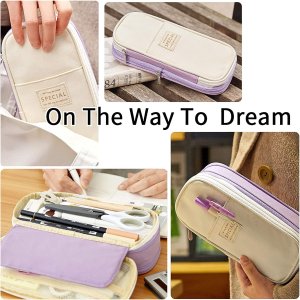 FINEMOE Large Pencil Case Stationery Items for Girls and Boys, Canvas Bags Pen Pencil Pouch for School College and Office, Organize Makeup Cosmetic, Aesthetic Cute Stationary Box (Purple)